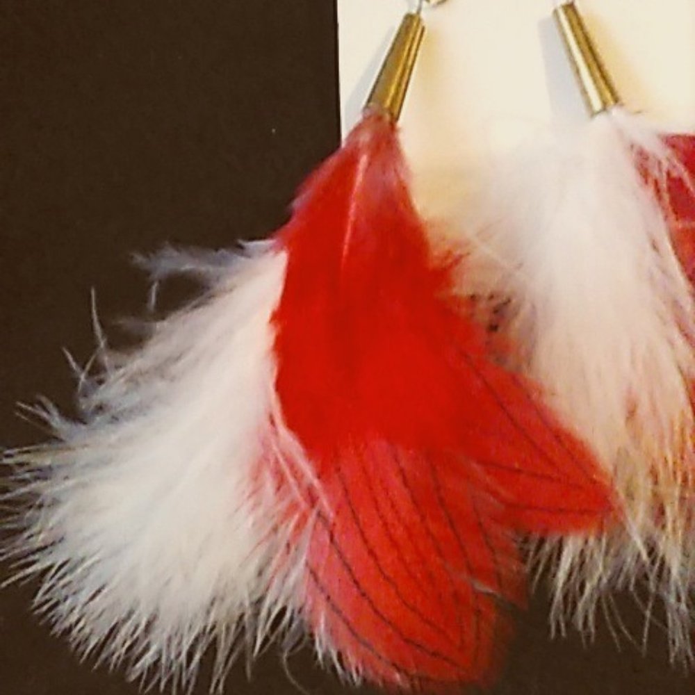 Earrings Real Feather Red/White Valentine's Day Handmade Pierced New